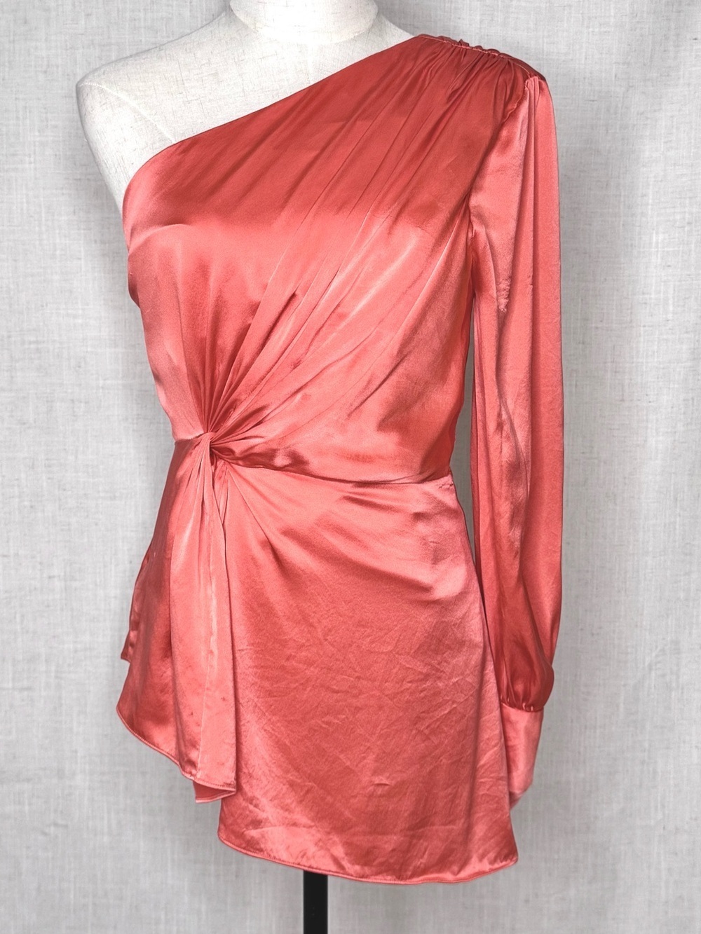 Cinq à Sept Stace One Shoulder Silk Satin Blouse Neon Coral Size XS